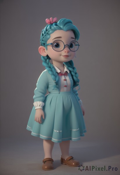 1girl,solo,long hair,looking at viewer,blush,smile,blue eyes,skirt,simple background,shirt,hair ornament,long sleeves,dress,bow,twintails,closed mouth,blue hair,standing,full body,braid,hair bow,hairband,green hair,shoes,glasses,artist name,bowtie,grey background,black eyes,red bow,twin braids,flat chest,blue skirt,aqua hair,blue dress,brown footwear,aged down,red bowtie,child,hair over shoulder,freckles,black-framed eyewear,round eyewear,arms at sides,female child,blue-framed eyewear,aqua skirt,ribbon,mary janes