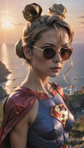 1girl,solo,breasts,looking at viewer,short hair,blonde hair,hair ornament,medium breasts,upper body,small breasts,outdoors,sky,cloud,water,hair bun,cape,lips,bodysuit,ocean,single hair bun,sunglasses,backlighting,sunset,realistic,nose,round eyewear,sun,red cape,candle,watercraft,tinted eyewear,superhero,boat,aviator sunglasses,lighthouse,blue eyes,sunlight,yellow-framed eyewear