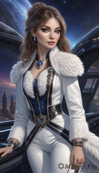 1girl,solo,long hair,breasts,looking at viewer,smile,blue eyes,brown hair,long sleeves,cleavage,brown eyes,jewelry,medium breasts,cowboy shot,earrings,sky,choker,pants,bracelet,lips,coat,grey eyes,fur trim,makeup,night,ring,lipstick,gem,star (sky),starry sky,realistic,white pants,nose,white coat,red lips,cityscape,space,planet,earth (planet),standing,jacket,ponytail,parted lips,belt,artist name,necklace,nail polish,fingernails,wavy hair,night sky,pendant,city,city lights,crystal earrings