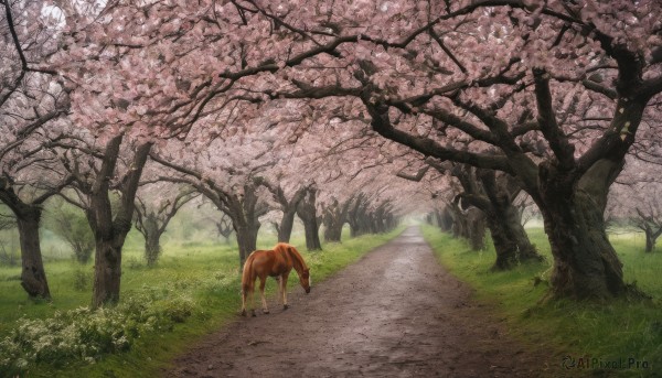 flower, outdoors, day, tree, no humans, animal, grass, cherry blossoms, nature, scenery, dog, realistic, road, path