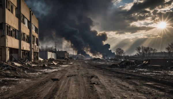 outdoors,sky,day,cloud,water,tree,no humans,sunlight,cloudy sky,fire,ground vehicle,building,scenery,motor vehicle,smoke,sunset,light rays,sun,road,watercraft,sunbeam,ruins,house,lamppost,window,snow,car,power lines,bare tree,utility pole