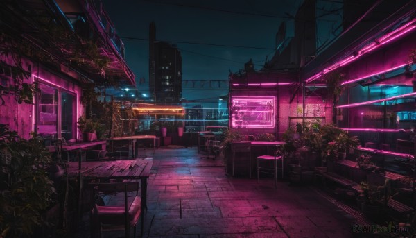 outdoors,sky,no humans,window,night,chair,table,plant,building,night sky,scenery,city,sign,potted plant,bench,cityscape,skyscraper,city lights,neon lights,indoors,tree,science fiction,tiles,dark,power lines