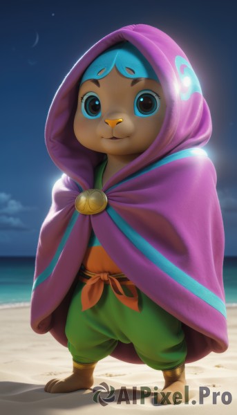 solo,looking at viewer,smile,blue eyes,1boy,standing,full body,male focus,outdoors,sky,barefoot,day,pants,cloud,dark skin,hood,water,cape,night,headband,shadow,ocean,beach,moon,child,star (sky),night sky,cloak,furry,hood up,starry sky,sand,male child,crescent moon,green pants,baggy pants,1girl,navel,blue hair,furry female