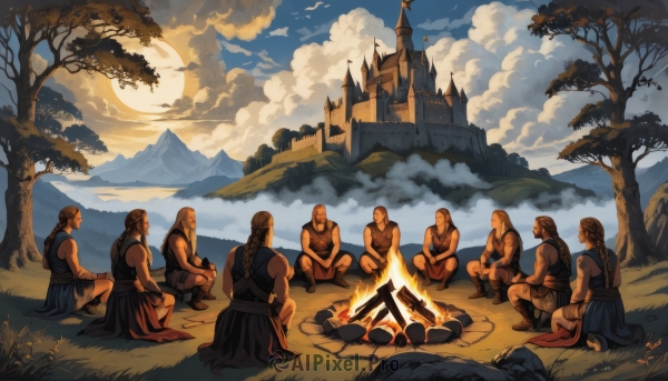 long hair,brown hair,sitting,braid,male focus,boots,outdoors,food,multiple boys,sky,sleeveless,day,cloud,tree,muscular,facial hair,bird,cloudy sky,grass,fire,scenery,beard,6+boys,rock,mountain,fantasy,sun,indian style,castle,campfire,ponytail,signature,single braid,siblings,moon,bald,brothers,hill