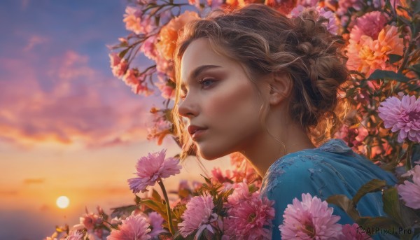 1girl, solo, short hair, blue eyes, brown hair, upper body, flower, outdoors, parted lips, sky, cloud, blurry, from side, lips, profile, blurry background, sunlight, blue shirt, pink flower, sunset, realistic, nose, sun, looking afar