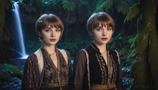 looking at viewer,smile,short hair,bangs,multiple girls,brown hair,black hair,hair ornament,2girls,brown eyes,closed mouth,upper body,outdoors,parted lips,hairclip,water,blurry,tree,lips,makeup,siblings,lipstick,nature,forest,realistic,red lips,waterfall,fantasy,tunic