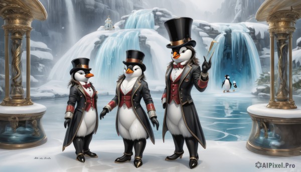 shirt,gloves,long sleeves,hat,bow,holding,standing,jacket,white shirt,open clothes,black gloves,artist name,bowtie,water,black footwear,vest,red bow,coat,black jacket,no humans,black headwear,bird,animal,red bowtie,snow,ice,top hat,wand,animal focus,pillar,penguin,cane,waterfall,clothed animal,baton (conducting),1girl,breasts,outdoors,pants,signature,black coat,bear,coattails,tailcoat,polar bear