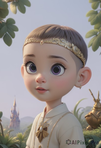 1girl,solo,short hair,open mouth,brown hair,shirt,jewelry,purple eyes,white shirt,upper body,earrings,outdoors,parted lips,sky,teeth,day,collared shirt,necklace,lips,leaf,grass,tiara,plant,building,child,freckles,female child,male child,castle,looking at viewer,eyelashes,bird,portrait,very short hair