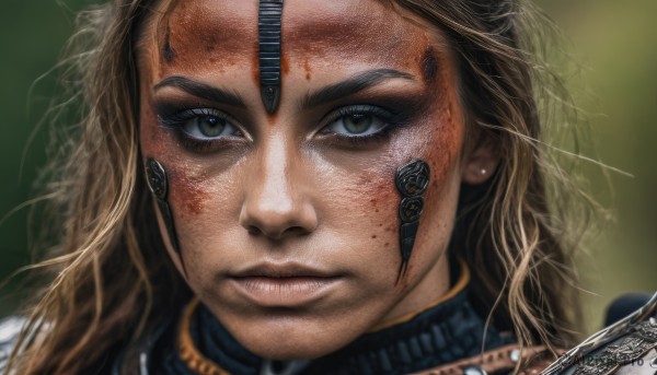 1girl,solo,long hair,looking at viewer,blonde hair,brown hair,brown eyes,jewelry,closed mouth,earrings,artist name,armor,blurry,lips,grey eyes,eyelashes,blood,watermark,portrait,close-up,freckles,science fiction,realistic,nose,green eyes,serious,injury,blood on face,dirty,dirty face