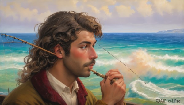 solo,long hair,blush,blue eyes,brown hair,shirt,1boy,holding,brown eyes,white shirt,upper body,male focus,outdoors,sky,day,cloud,water,scarf,from side,profile,facial hair,ocean,beach,cloudy sky,portrait,beard,curly hair,realistic,mustache,fishing rod,collared shirt,lips,wavy hair,instrument,sand,horizon,watercraft,looking afar,waves