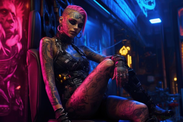 1girl,solo,breasts,looking at viewer,short hair,gloves,bare shoulders,jewelry,medium breasts,sitting,pink hair,thighs,earrings,small breasts,boots,sleeveless,black gloves,belt,dark skin,fingerless gloves,black footwear,blurry,vest,dark-skinned female,lips,tattoo,makeup,night,piercing,sunglasses,ring,knee boots,lipstick,knee up,hoop earrings,nose,arm tattoo,shoulder tattoo,undercut,earphones,facial tattoo,leg tattoo,thumb ring,cyberpunk,earpiece,neon lights,full-body tattoo,solo focus,pants,bracelet,headband,ear piercing,tinted eyewear,graffiti,combat boots,aviator sunglasses