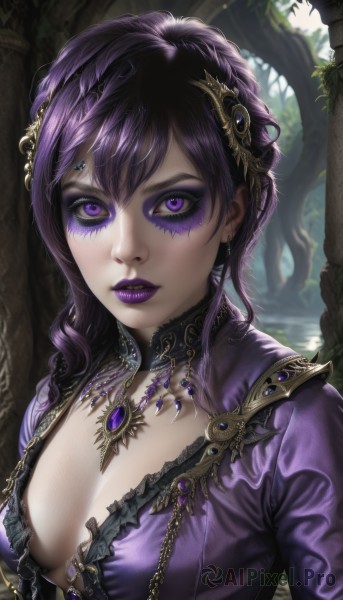 1girl,solo,long hair,breasts,looking at viewer,bangs,large breasts,hair ornament,dress,cleavage,jewelry,medium breasts,purple eyes,upper body,purple hair,braid,earrings,outdoors,frills,parted lips,artist name,signature,necklace,mole,tree,lips,eyelashes,makeup,watermark,lipstick,gem,nature,web address,purple dress,pendant,eyeshadow,forest,nose,red lips,eyeliner,purple lips,mascara,purple eyeshadow,realistic