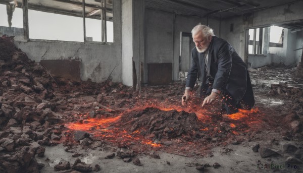 solo,short hair,shirt,long sleeves,1boy,closed mouth,jacket,white hair,grey hair,male focus,necktie,pants,indoors,black jacket,window,kneeling,blood,facial hair,formal,suit,fire,black necktie,ruins,old,old man,black suit,burning,destruction,rubble,broken window,white shirt,open clothes,glasses,looking down,black pants,rock,door,debris,embers,bowing