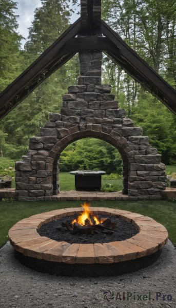 outdoors,sky,day,cloud,signature,water,tree,no humans,grass,fire,nature,scenery,forest,rock,bush,bridge,log,wood,sitting,stairs,ruins,campfire