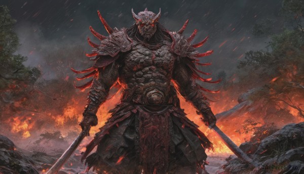 solo,looking at viewer,red eyes,1boy,holding,standing,weapon,male focus,outdoors,horns,sky,sword,holding weapon,armor,tree,night,glowing,holding sword,katana,helmet,fire,shoulder armor,gauntlets,glowing eyes,rain,dual wielding,pauldrons,breastplate,japanese armor,fake horns,full armor,embers,burning,muscular,nature,skull,monster,demon,sode,samurai,horned helmet