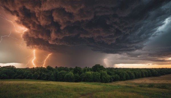 outdoors,sky,cloud,tree,no humans,cloudy sky,grass,nature,scenery,forest,sunset,mountain,electricity,field,lightning,landscape