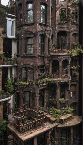 flower,outdoors,day,tree,no humans,window,plant,building,scenery,stairs,city,door,railing,clock,potted plant,architecture,vines,bridge,arch,balcony,fantasy,house,garden