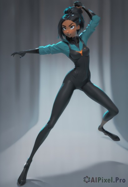 1girl,solo,breasts,smile,short hair,black hair,gloves,medium breasts,standing,full body,ponytail,small breasts,parted lips,black gloves,dark skin,black footwear,black eyes,arm up,dark-skinned female,bodysuit,black bodysuit,dancing,animification,black lips,long hair,hair ornament,multicolored hair,teeth,hairclip,arms up,lips,shadow,looking away,legs apart,stretching,very dark skin