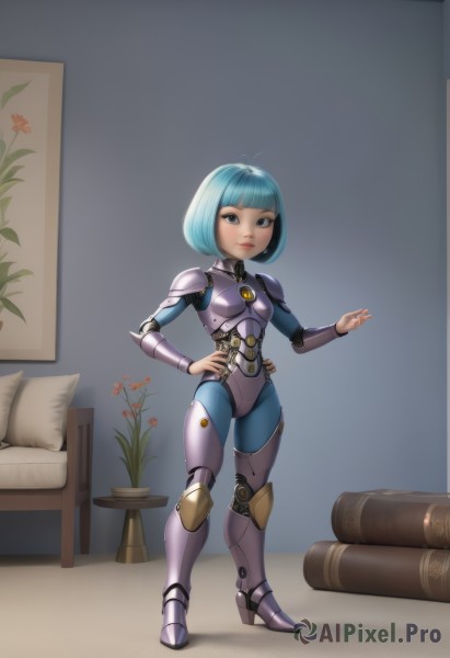 1girl,solo,looking at viewer,short hair,bangs,blue eyes,closed mouth,blue hair,standing,full body,flower,boots,indoors,blunt bangs,armor,lips,hand on hip,pillow,grey eyes,book,bodysuit,bed,makeup,bob cut,shoulder armor,couch,breastplate,android,armored boots,greaves,cyborg,vase,flower pot,breasts,smile,small breasts,parted lips,high heels,table,antenna hair,plant,science fiction,potted plant,joints,robot joints