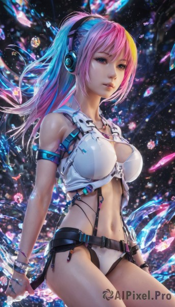 1girl,solo,long hair,breasts,bangs,blue eyes,large breasts,navel,cleavage,bare shoulders,jewelry,medium breasts,sitting,swimsuit,ponytail,pink hair,bikini,multicolored hair,cowboy shot,parted lips,sleeveless,midriff,shiny,belt,necklace,stomach,bracelet,lips,crop top,shiny skin,makeup,headphones,white bikini,wristband,armlet,headset,realistic,nose,arms at sides,looking at viewer,blue hair,standing,two-tone hair,ring,armband