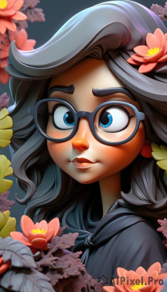 1girl,solo,long hair,looking at viewer,blush,smile,blue eyes,black hair,hair ornament,closed mouth,upper body,flower,grey hair,glasses,artist name,hair flower,lips,eyelashes,makeup,portrait,pink flower,freckles,black-framed eyewear,nose,watermark,thick eyebrows,web address,deviantart username