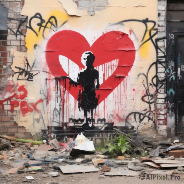 solo,short hair,1boy,standing,male focus,heart,outdoors,wings,shoes,from behind,plant,building,spot color,potted plant,wall,brick wall,crack,graffiti,rubble,shadow,paper,silhouette,ruins,broken,paint