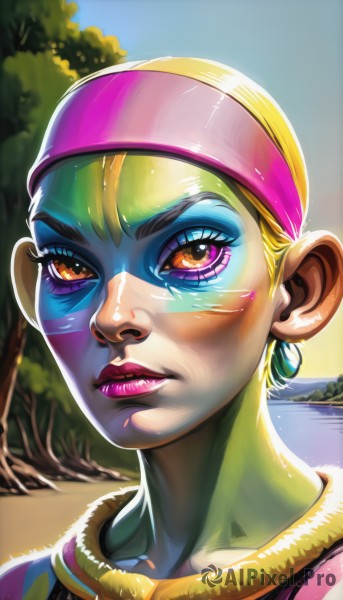 1girl,solo,looking at viewer,short hair,blonde hair,brown eyes,jewelry,hairband,earrings,parted lips,teeth,water,necklace,lips,orange eyes,eyelashes,makeup,headband,colored skin,lipstick,portrait,eyeshadow,realistic,nose,facepaint,green skin,very short hair,outdoors,tree,mask