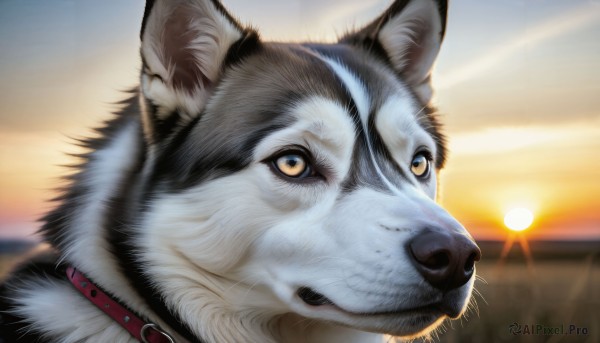 HQ,solo,looking at viewer,closed mouth,yellow eyes,outdoors,sky,blurry,collar,no humans,depth of field,blurry background,animal,cat,portrait,close-up,lens flare,sunset,dog,realistic,sun,animal focus,whiskers,signature,sunrise