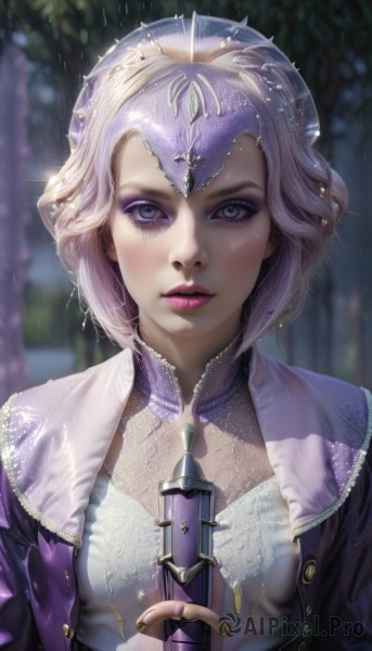 1girl,solo,breasts,looking at viewer,short hair,blue eyes,blonde hair,dress,holding,jacket,upper body,weapon,white hair,parted lips,open clothes,sword,artist name,holding weapon,blurry,open jacket,lips,grey eyes,eyelashes,makeup,depth of field,blurry background,watermark,lipstick,gem,web address,eyeshadow,rain,realistic,headpiece,nose,purple lips,mascara,purple eyeshadow,blush,purple eyes,tiara,crown,pink lips,glint