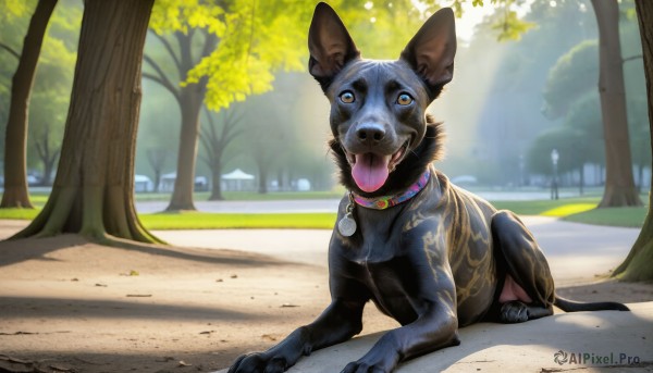 HQ,solo,open mouth,blue eyes,outdoors,day,tongue,tongue out,collar,tree,no humans,animal,grass,dog,realistic,road,animal focus,park,looking at viewer,yellow eyes,sunlight,animal collar