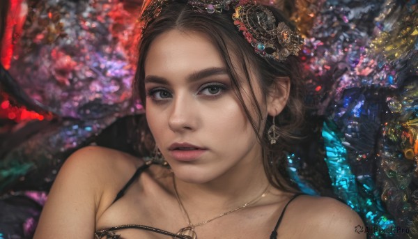 1girl,solo,long hair,looking at viewer,brown hair,hair ornament,bare shoulders,brown eyes,jewelry,closed mouth,collarbone,upper body,earrings,necklace,black eyes,lips,feathers,portrait,freckles,realistic,nose,parted lips,eyelashes