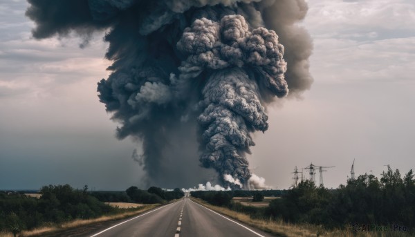 outdoors,sky,day,cloud,tree,no humans,cloudy sky,grass,nature,scenery,smoke,monster,mountain,road,power lines,utility pole,fog,railroad tracks,landscape