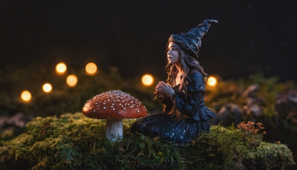 1girl,solo,long hair,breasts,blonde hair,long sleeves,hat,dress,holding,cleavage,medium breasts,sitting,closed mouth,closed eyes,outdoors,blurry,from side,lips,witch hat,night,depth of field,blurry background,blue dress,own hands together,grass,blue headwear,witch,mushroom,bokeh,wizard hat,jewelry,necklace,bracelet,rock,fantasy,dark,own hands clasped,praying