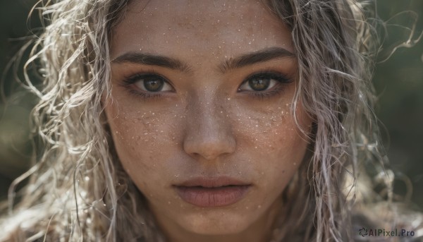 1girl,solo,long hair,looking at viewer,brown hair,brown eyes,closed mouth,mole,blurry,lips,wet,eyelashes,blurry background,wavy hair,portrait,mole under mouth,close-up,freckles,realistic,nose,mole on cheek,messy hair