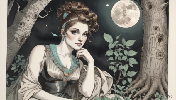 1girl,solo,breasts,looking at viewer,blush,brown hair,hair ornament,dress,cleavage,brown eyes,jewelry,medium breasts,collarbone,upper body,earrings,outdoors,sky,necklace,hair bun,tree,lips,night,leaf,moon,plant,star (sky),night sky,full moon,starry sky,branch,updo,bare shoulders,makeup,pale skin,hand on own chin