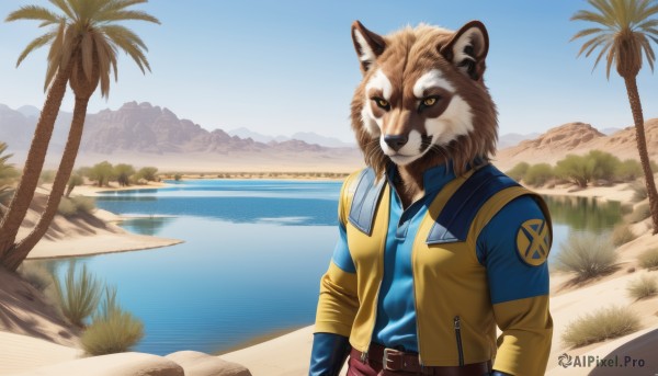 solo,looking at viewer,shirt,long sleeves,1boy,animal ears,jewelry,jacket,yellow eyes,upper body,male focus,earrings,outdoors,open clothes,sky,day,belt,artist name,signature,water,vest,tree,blue sky,ocean,beach,blue shirt,furry,colored sclera,mountain,sand,palm tree,furry male,open vest,lake,pants,no humans,animal,nature,scenery,forest,reflection,realistic,brown belt,yellow jacket,brown fur