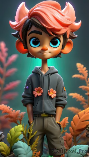 solo,looking at viewer,smile,short hair,blue eyes,black hair,1boy,animal ears,standing,flower,male focus,red hair,multicolored hair,outdoors,shorts,belt,artist name,dark skin,hood,blurry,hoodie,blurry background,leaf,dark-skinned male,hood down,plant,furry,pink flower,personification,hands in pockets,male child,grey hoodie,humanization,brown hair,jewelry,watermark,thick eyebrows