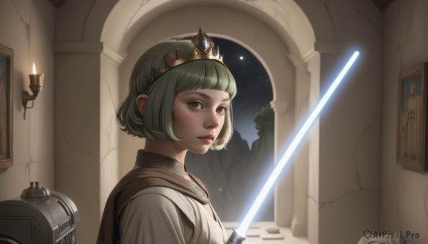 1girl,solo,short hair,bangs,brown eyes,closed mouth,upper body,weapon,green hair,sky,sword,indoors,blunt bangs,cape,lips,night,bob cut,tiara,crown,star (sky),science fiction,shield,nose,candle,energy sword,lightsaber,looking at viewer,holding,green eyes,holding weapon,from side,holding sword,realistic,pillar,statue