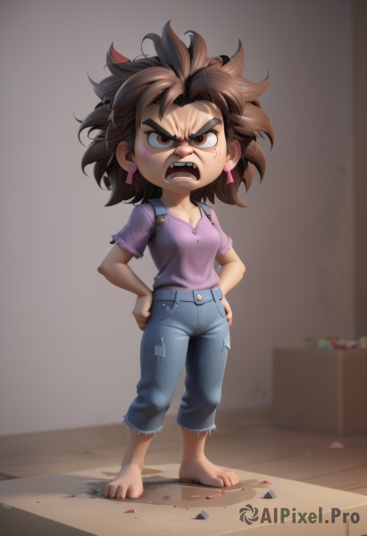 1girl,solo,breasts,looking at viewer,open mouth,brown hair,shirt,red eyes,cleavage,brown eyes,jewelry,medium breasts,standing,full body,short sleeves,earrings,small breasts,barefoot,teeth,pants,medium hair,bag,chibi,toes,thick eyebrows,backpack,denim,spiked hair,messy hair,child,anger vein,angry,pink shirt,hands on hips,jeans,purple shirt,female child,dirty,torn pants,short hair,torn clothes