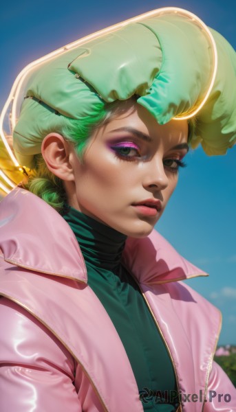 1girl,solo,looking at viewer,short hair,blonde hair,shirt,closed mouth,green eyes,jacket,upper body,multicolored hair,outdoors,green hair,open clothes,sky,day,artist name,blue sky,lips,coat,eyelashes,makeup,turtleneck,watermark,lipstick,web address,eyewear on head,eyeshadow,freckles,realistic,nose,pink jacket,mascara,blurry,blurry background,portrait