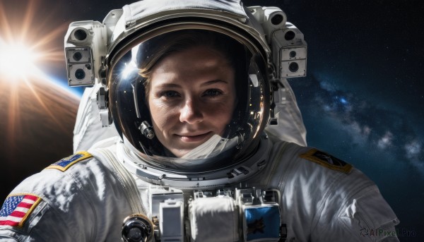 1girl,solo,looking at viewer,smile,brown hair,1boy,closed mouth,upper body,male focus,black eyes,lips,helmet,portrait,star (sky),reflection,science fiction,realistic,sun,space,planet,earth (planet),american flag,spacesuit,japanese flag,space helmet,united states,astronaut,blue eyes,brown eyes,star (symbol),starry sky