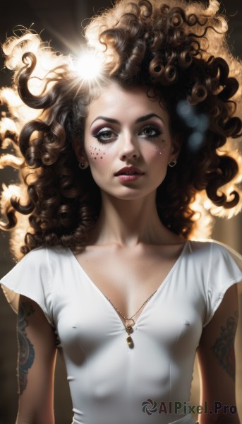 1girl,solo,long hair,breasts,looking at viewer,brown hair,shirt,black hair,cleavage,brown eyes,jewelry,collarbone,white shirt,upper body,short sleeves,earrings,small breasts,parted lips,dark skin,black eyes,covered nipples,dark-skinned female,lips,eyelashes,tattoo,makeup,watermark,piercing,lipstick,web address,freckles,curly hair,realistic,nose,big hair,afro,medium breasts,necklace,glowing,messy hair,eyeshadow