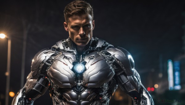 solo,looking at viewer,short hair,brown hair,1boy,closed mouth,upper body,male focus,dark skin,blurry,blurry background,dark-skinned male,science fiction,realistic,cyborg,power armor,cyberpunk,blonde hair,outdoors,armor,muscular,night,glowing,scar,light