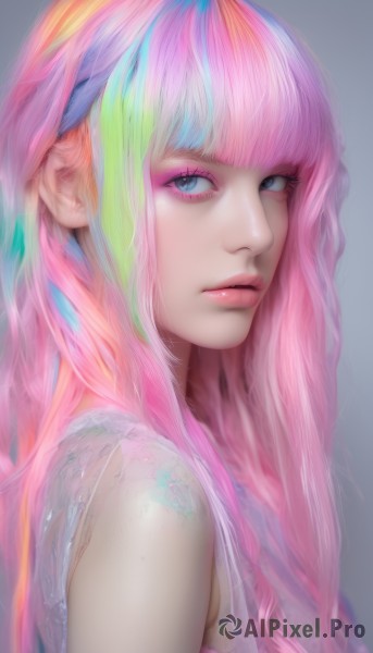 1girl,solo,long hair,looking at viewer,bangs,blue eyes,simple background,shirt,closed mouth,upper body,pink hair,multicolored hair,sleeveless,blunt bangs,grey background,from side,lips,eyelashes,makeup,lipstick,eyeshadow,pink lips,realistic,nose,eyeliner,mascara,rainbow hair,bare shoulders,blue hair,parted lips,streaked hair,looking to the side,watermark,portrait