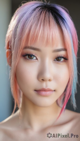 1girl,solo,looking at viewer,smile,short hair,bangs,brown eyes,closed mouth,blue hair,collarbone,pink hair,multicolored hair,two-tone hair,lips,makeup,portrait,realistic,nose,nude,blurry,eyelashes,blurry background,close-up