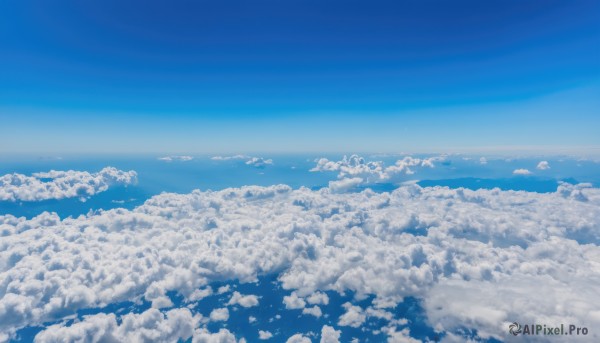 monochrome,outdoors,sky,day,cloud,blue sky,no humans,ocean,cloudy sky,scenery,blue theme,horizon,landscape,above clouds,water