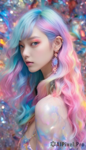 1girl,solo,long hair,breasts,looking at viewer,bangs,blue eyes,bare shoulders,jewelry,medium breasts,closed mouth,blue hair,upper body,pink hair,multicolored hair,earrings,necklace,blurry,from side,two-tone hair,lips,see-through,eyelashes,gradient hair,makeup,blurry background,wavy hair,piercing,gem,ear piercing,eyeshadow,freckles,pink lips,realistic,nose,eyeliner,mascara,dress,artist name,looking to the side,sideboob,expressionless,lipstick,rainbow hair