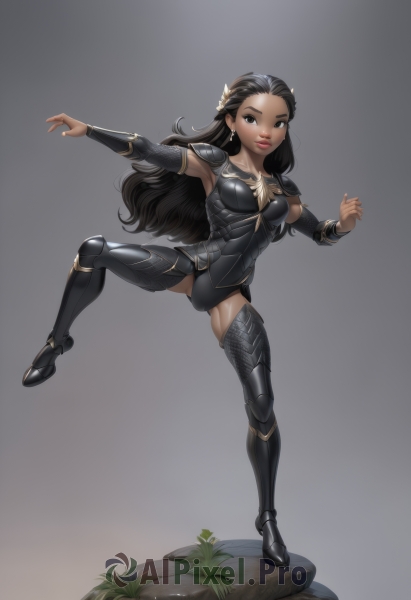 1girl,solo,long hair,breasts,looking at viewer,simple background,black hair,hair ornament,thighhighs,brown eyes,jewelry,medium breasts,standing,collarbone,full body,earrings,boots,dark skin,armpits,grey background,armor,black eyes,leotard,dark-skinned female,lips,gradient,gradient background,leg up,standing on one leg,outstretched arms,shoulder armor,black leotard,pauldrons,breastplate,rock,fighting stance,vambraces,greaves,faux figurine,smile,detached sleeves,thigh boots,forehead,armored boots