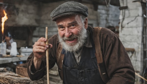 solo,looking at viewer,shirt,long sleeves,1boy,hat,holding,jacket,upper body,white hair,grey hair,male focus,indoors,blurry,blurry background,facial hair,beret,fire,beard,brown jacket,realistic,mustache,candle,manly,old,brown coat,old man,grey headwear,torch,fireplace,smile,open mouth,outdoors,black eyes,vest,grey eyes,depth of field,parody,backpack