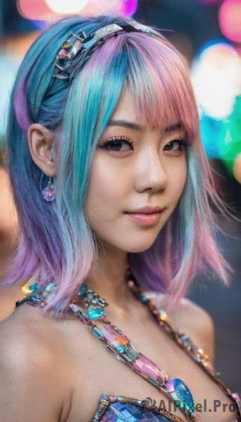 1girl,solo,breasts,looking at viewer,smile,short hair,bangs,cleavage,bare shoulders,brown eyes,jewelry,medium breasts,closed mouth,blue hair,upper body,pink hair,multicolored hair,hairband,earrings,medium hair,necklace,blurry,black eyes,two-tone hair,lips,eyelashes,aqua hair,gradient hair,makeup,depth of field,blurry background,gem,freckles,realistic,nose,blue gemstone,blue eyes,watermark,portrait,bokeh